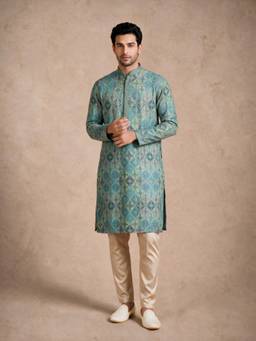 Manyavar - Green Chikankari Blended Cotton Kurta with Pyjama for Men