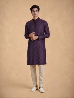 Manyavar - Purple Blended Viscose Wovend Kurta with Pyjama for Men