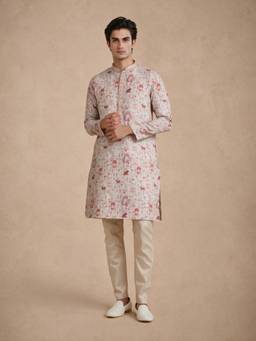 Manyavar - Pink Blended Cotton Printed Kurta Pajama for Men