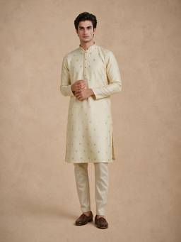 Manyavar - Beige Brocade Kurta with Pyjama for Men