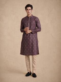 Manyavar - Purple Wovend Blended Viscose Kurta with Pyjama for Men
