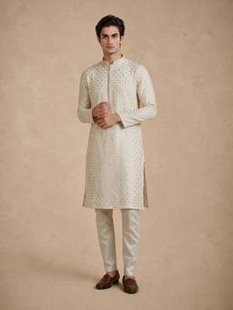 Manyavar - Cream Chanderi Kurta with Pajama Woven for Men