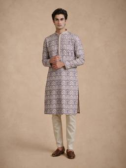 Manyavar - Cream Viscose Kurta with Pajama Print for Men