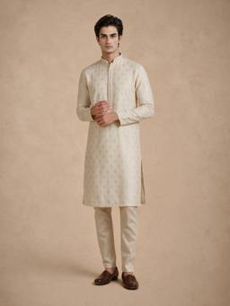 Manyavar - Cream Blended Viscose Kurta with Pajama Embroidery for Men