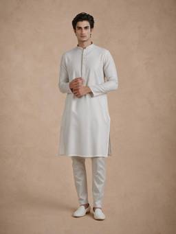 Manyavar - White Blended Viscose Kurta with Pajama Woven for Men