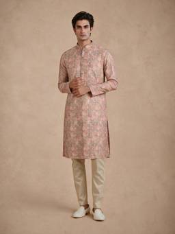 Manyavar - Peach Blended Cotton Kurta with Pajama Print for Men