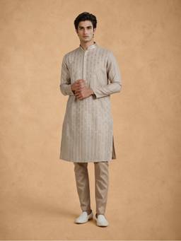 Manyavar - Beige Blended Viscose Kurta with Pajama Woven for Men
