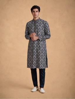 Manyavar - Dark Blue Silk Kurta with Pajama Print for Men