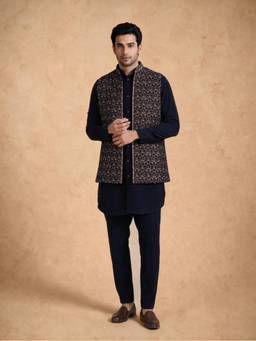 Manyavar - Dark Blue Velvet Kurta Jacket with Pant Thread Work for Men