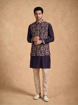 Manyavar - Purple Art Silk Kurta Jacket with Pant Embroidery for Men