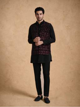 Manyavar - Black Velvet Kurta Jacket with Pant Embroidery for Men