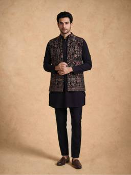 Manyavar - Blue Velvet Kurta Jacket with Pant Embroidery for Men