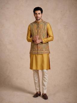 Manyavar - Yellow Blended Viscose Kurta Jacket with Pant and Pin