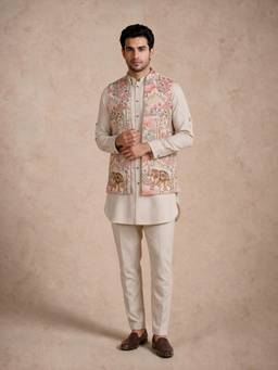 Manyavar - Beige Cotton Kurta Jacket with Pant Embroidery for Men