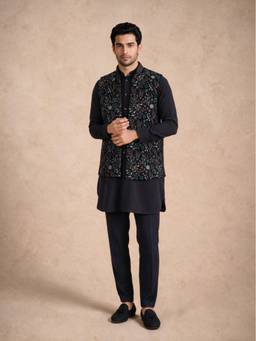Manyavar - Blue Velvet Kurta Jacket with Pant Embroidery for Men