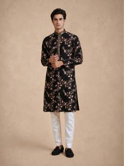 Manyavar - Black Georgette Kurta Churidar with Embroidery for Men