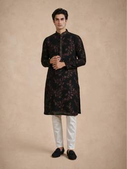 Manyavar - Black Georgette Kurta Churidar with Embroidery for Men