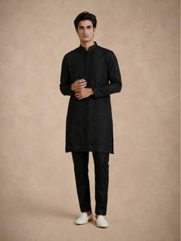 Manyavar - Black Art Silk Kurta Pant with Beads Work for Men