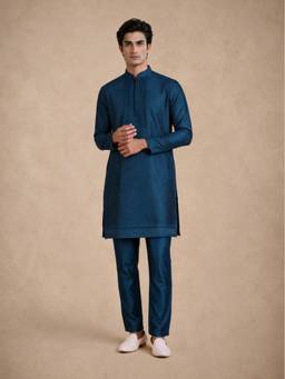 Manyavar - Teal Blue Silk Kurta Pant with Bead Work for Men