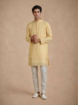 Manyavar - Yellow Georgette Kurta Pant with Thread Embroidery for Men