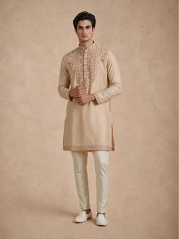 Manyavar - Beige Silk Kurta Pant with Thread Embroidery for Men