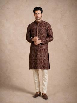 Manyavar - Wine Georgette Kurta Churidar with Thread Embroidery for Men