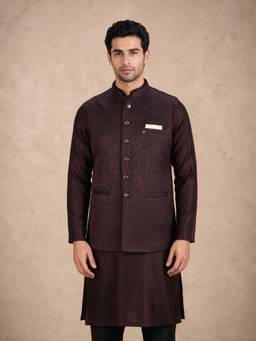 Manyavar - Wine Brocade Nehru Jacket with Self-Texture for Men
