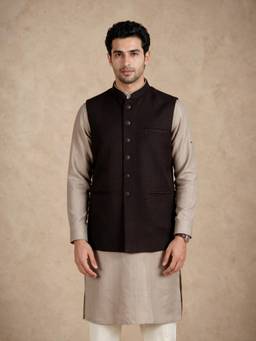 Manyavar - Brown Blended Rayon Nehru Jacket for Men