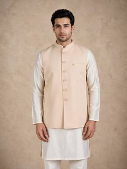 Manyavar - Beige Blended Rayon Nehru Jacket with Pocket Pin for Men