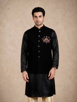 Manyavar - Black Blended Rayon Nehru Jacket with Embroidery and Brooch for Men