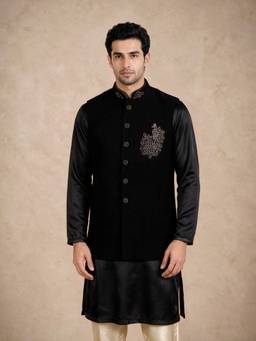 Manyavar - Black Blended Rayon Nehru Jacket with Embroidery for Men