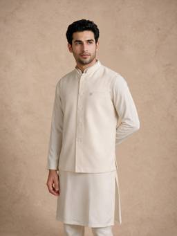 Manyavar - Cream Blended Rayon Nehru Jacket with Pocket Pin for Men