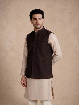 Manyavar - Brown Blended Rayon Nehru Jacket with Pocket Pin for Men