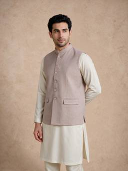 Manyavar - Beige Blended Rayon Nehru Jacket for Men