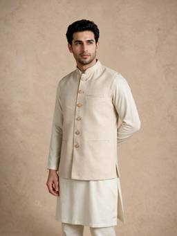 Manyavar - Cream Blended Rayon Nehru Jacket for Men