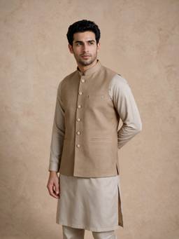 Manyavar - Fawn Blended Rayon Nehru Jacket for Men