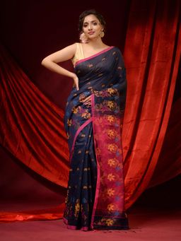 CHARUKRITI - Midnight Blue Blended Cotton Ethnic Motifs & Floral Borders Saree with Unstitched Blouse