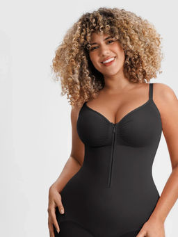 Shop The Edit - High Compression Seamless Tummy Control Front Zipper Mid Thigh Bodysuit Black