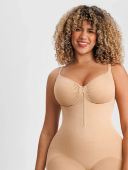 Shop The Edit - High Compression Seamless Tummy Control Front Zipper Mid Thigh Bodysuit Nude