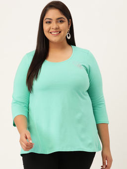 theRebelinme - Plus Size Womens Sea Green Solid Color Round Neck Cotton 3/4th Sleeve T-Shirt