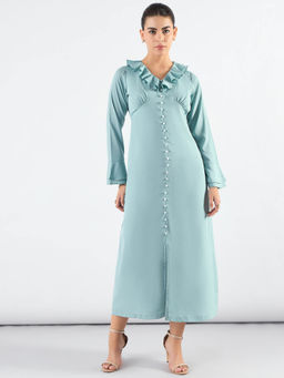 Powersutra - Viscose Maxi Dress with Ruffled Neck and Pearl Buttons
