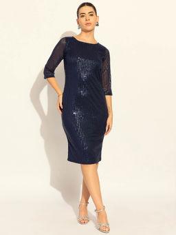Powersutra - Stylish Navy Sequined Party Dress In Stretchable Fabric