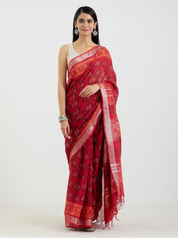 AUJJESSA - Cotton Linen Crimson Red Handcrafted Saree with Unstitched Blouse