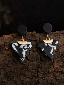 E2O - Contemporary Gold Plated Black-White Embellished Drop Earring