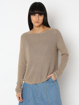 VERO MODA - Beige Boat Neck Long Sleeve Pullover Sweater