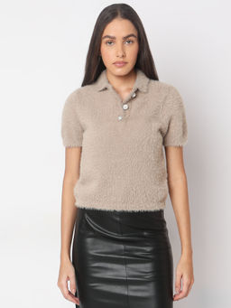 VERO MODA - Beige Collar Neck Pullover Sweater