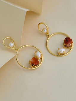 Nuyug - Gold-Plated Circular Ring Faux Stone and Pearl Studded Dangler Earrings