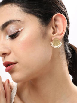 Nuyug - Gold Plated Coin Pearl Beaded Contemporary Stud Earrings