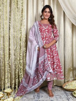 Mulmul - Gul-Fiza Maroon Anarkali Kurta-Pants & Dupatta (Set of 3)