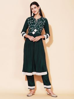 FASHOR - Solid Resham Embroidered Empire Kurta with Pant Green (Set of 2)